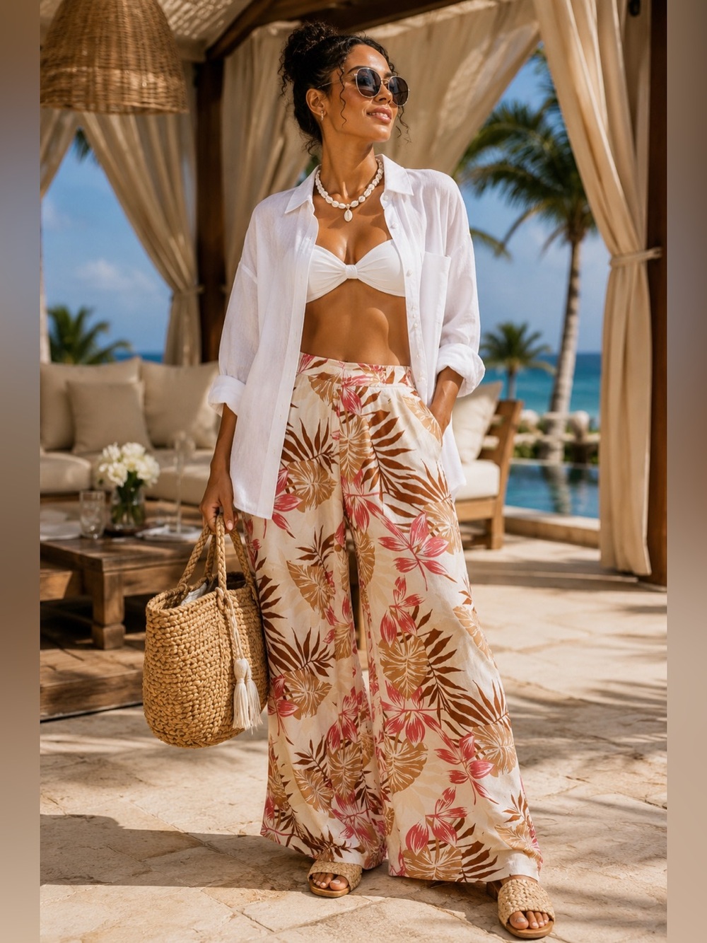 Roxy Women’s Tropical Print Wide Leg Beach Pants Medium Resort Coastal Travel W